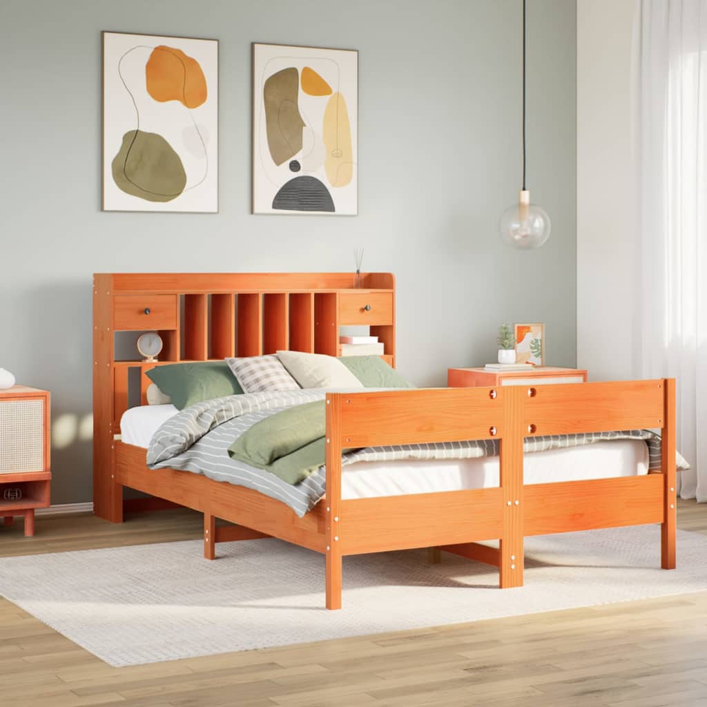 Solid wood bed with shelf without mattress, wax brown, 135x190 cm