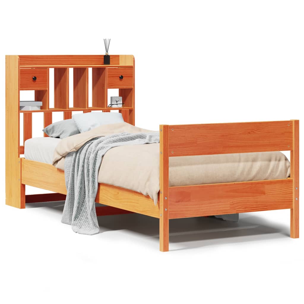 Solid wood bed with shelf without mattress wax brown 90x190 cm