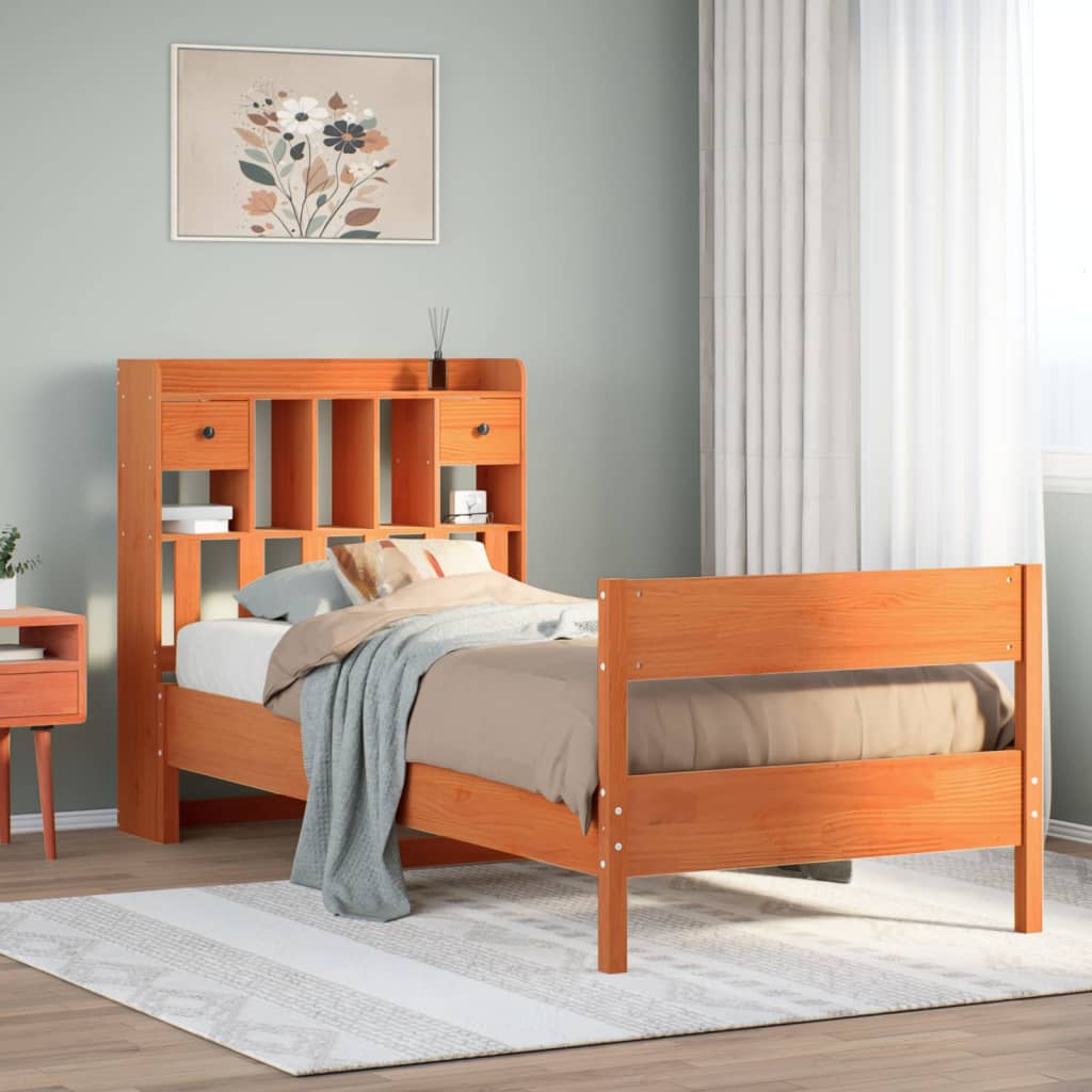 Solid wood bed with shelf without mattress wax brown 90x190 cm
