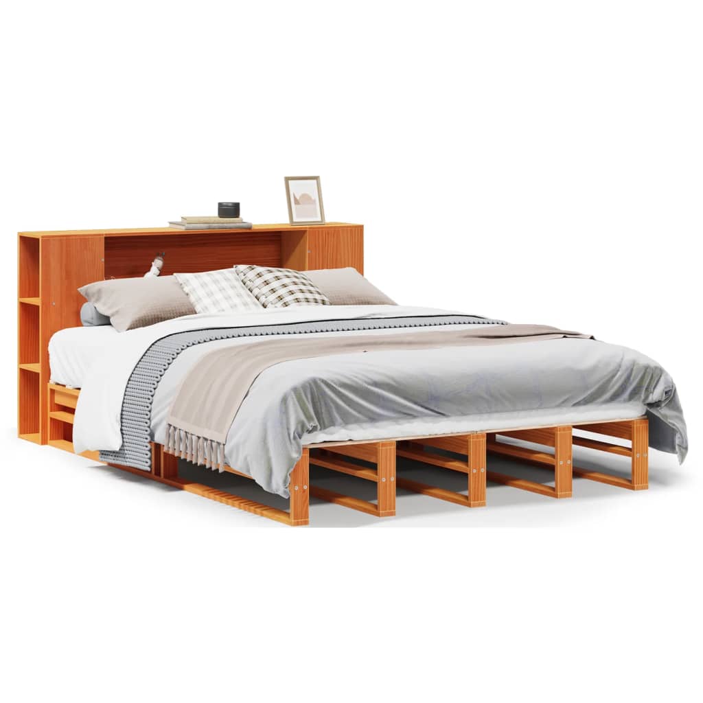 Solid wood bed with shelf without mattress, wax brown, 140x200 cm