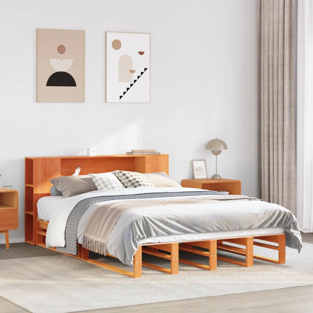 Solid wood bed with shelf without mattress, wax brown, 140x200 cm