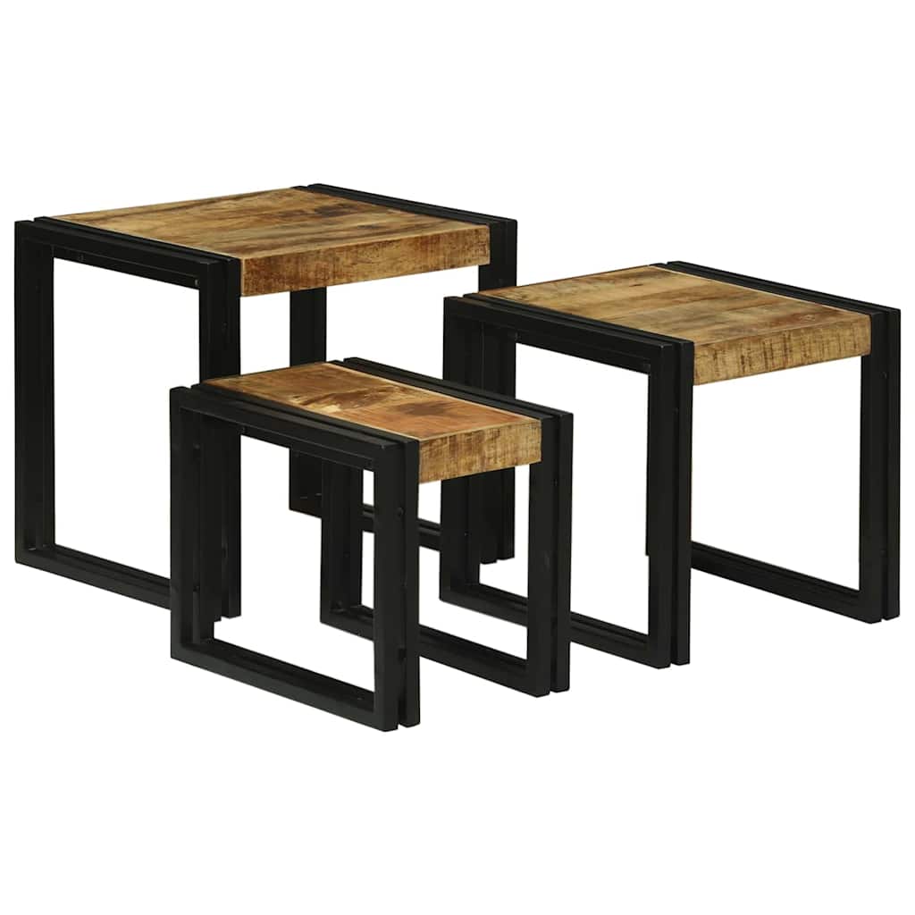 Nestingtisch 3 pcs Braun und Schwarz Raues Mango-Massivholz