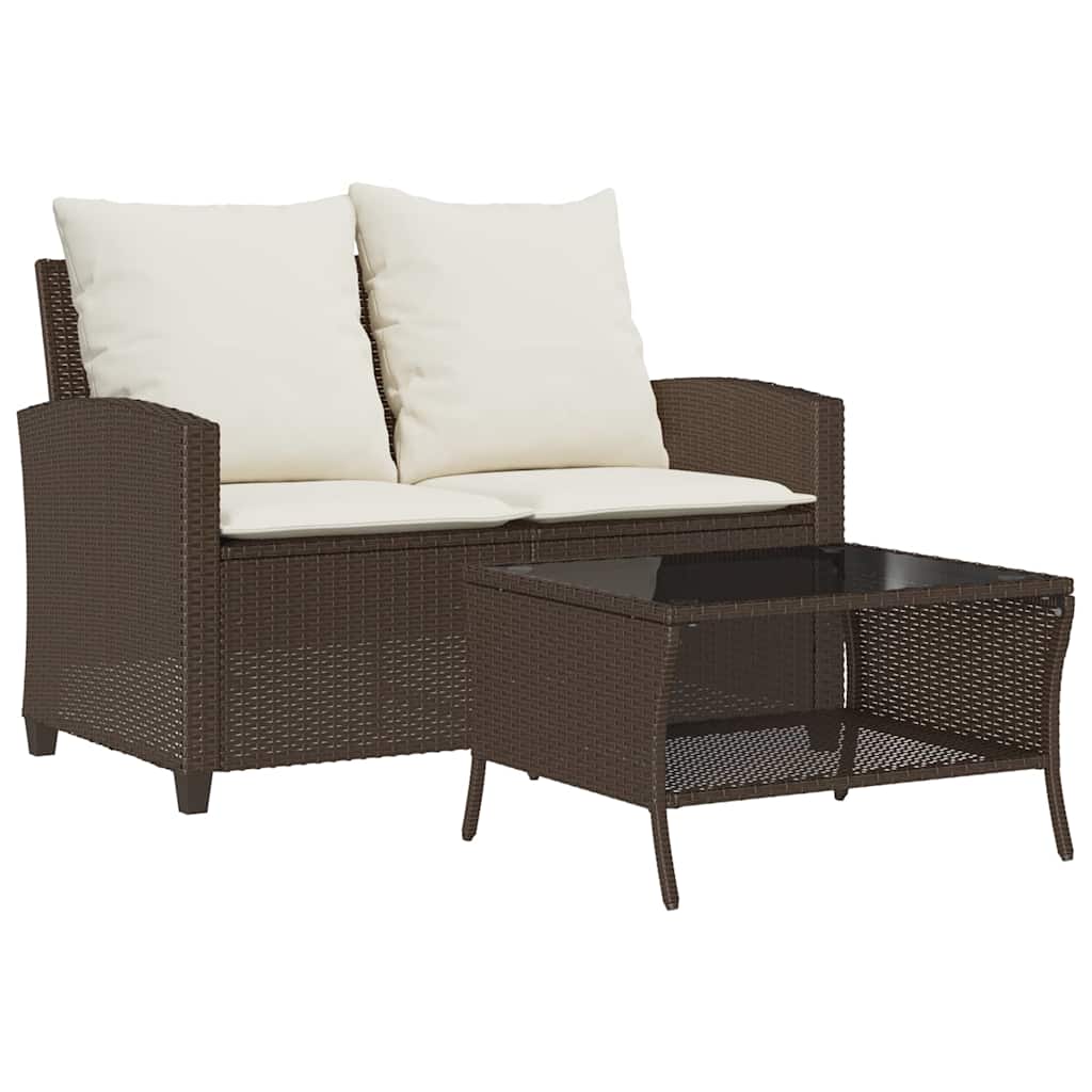 Garden Sofa 2-Seater with Cushions & Table Brown Poly Rattan
