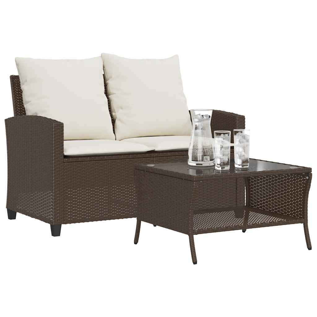 Garden Sofa 2-Seater with Cushions & Table Brown Poly Rattan