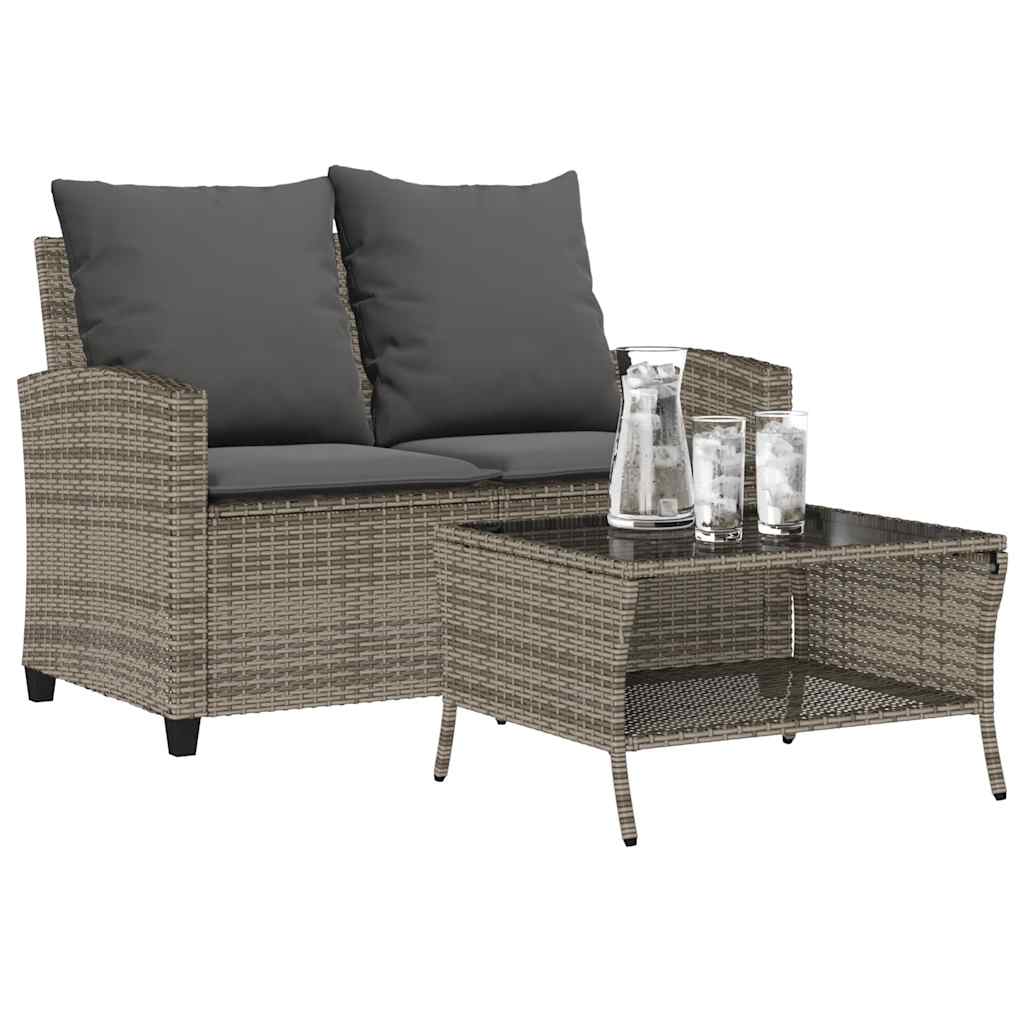Garden Sofa 2-Seater with Cushions & Table Grey Poly Rattan