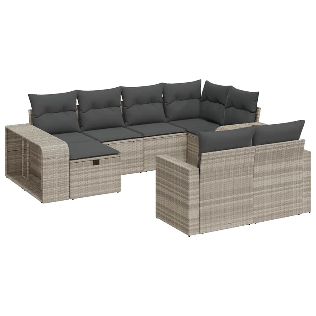 10-piece garden sofa set with cushions, light grey poly rattan