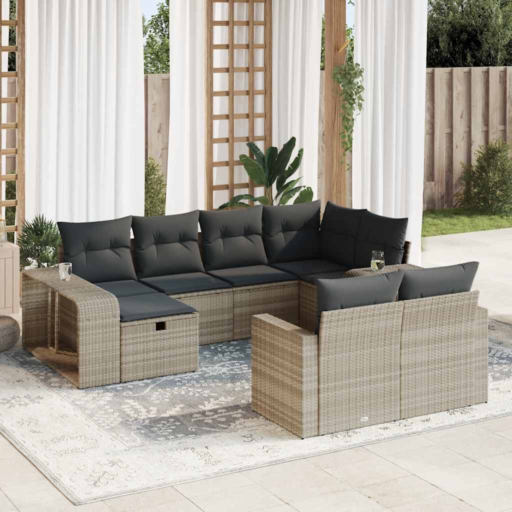 10-piece garden sofa set with cushions, light grey poly rattan