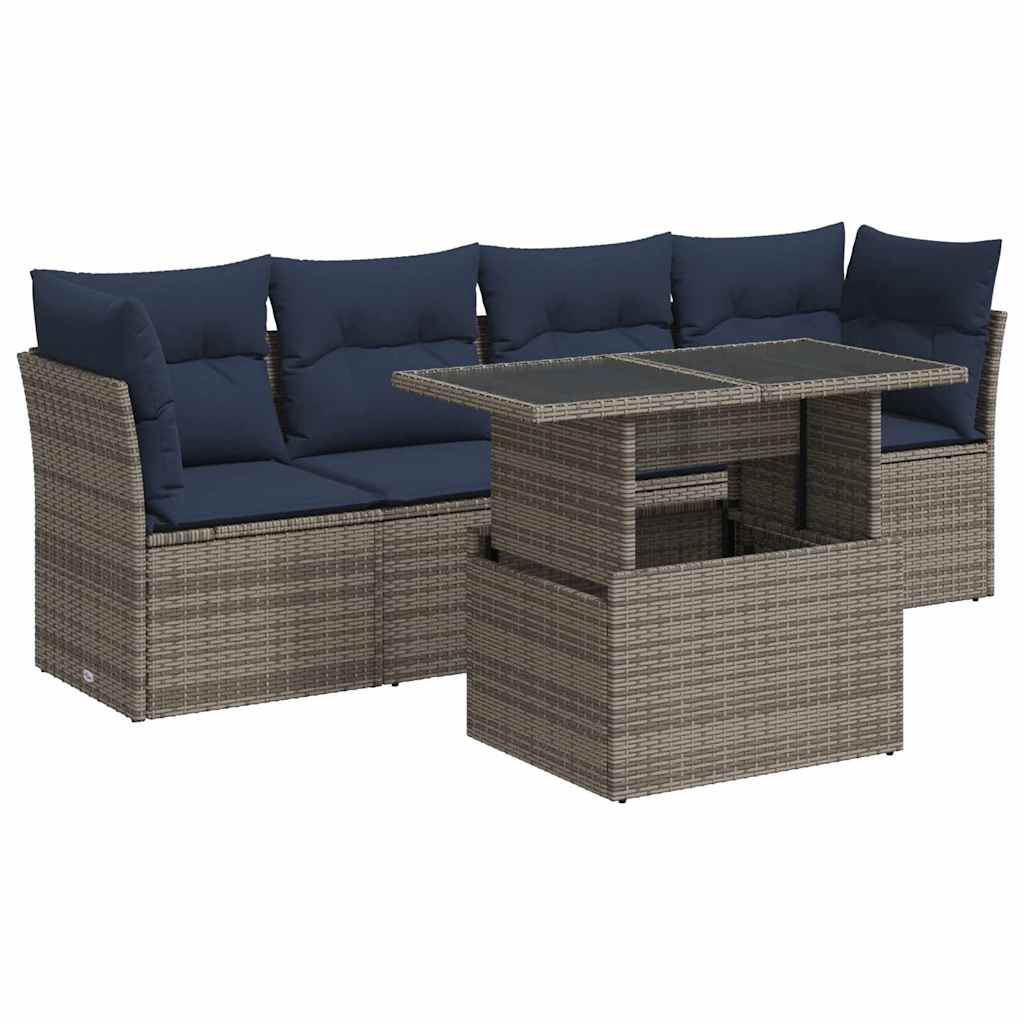 5-piece garden sofa set with cushions gray poly rattan acacia