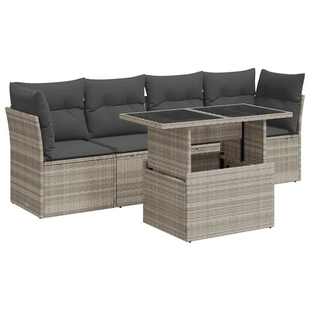 5-piece garden sofa set with cushions, light grey poly rattan