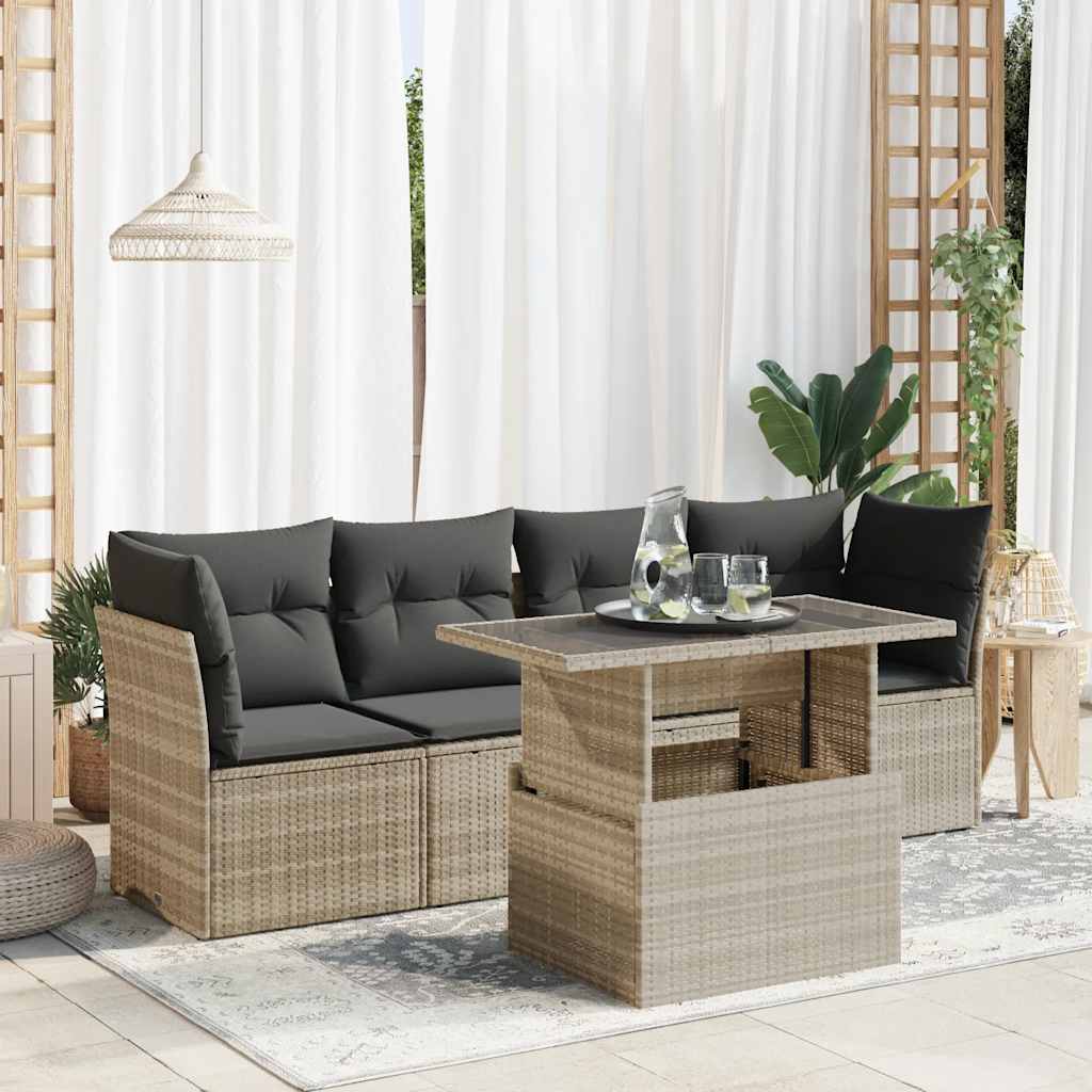 5-piece garden sofa set with cushions, light grey poly rattan