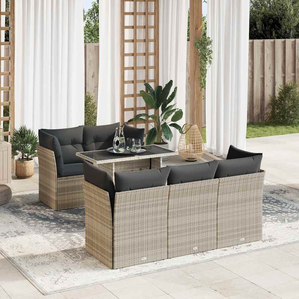 6-piece garden sofa set with cushions, light grey poly rattan