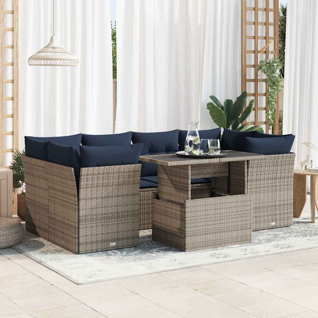 7-piece garden sofa set with cushions, grey, poly rattan, acacia