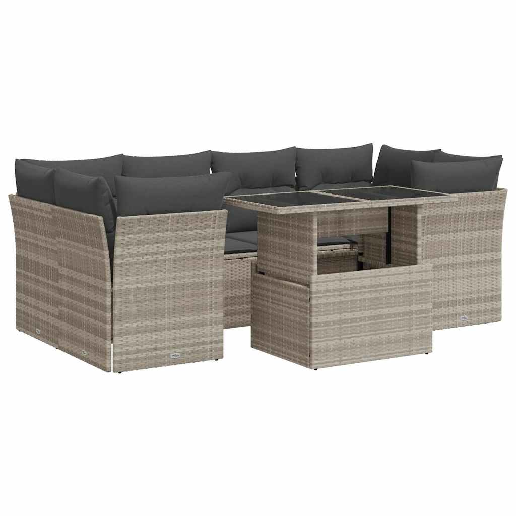 7-piece garden sofa set with cushions, light grey poly rattan