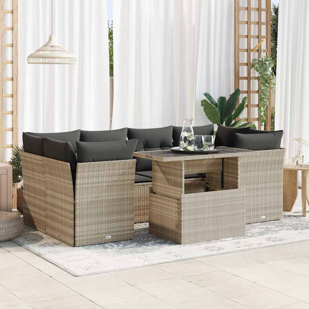 7-piece garden sofa set with cushions, light grey poly rattan