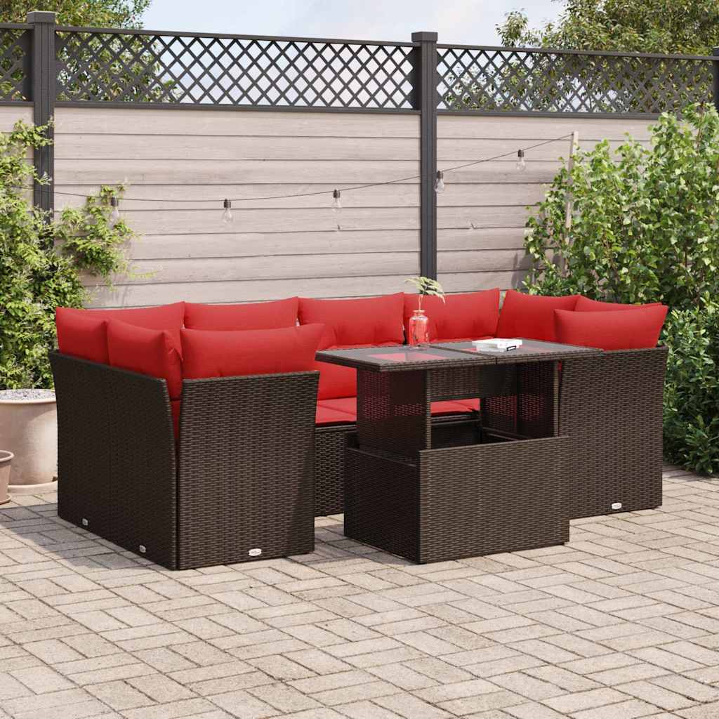 7-piece garden sofa set with cushions, brown, poly rattan, acacia