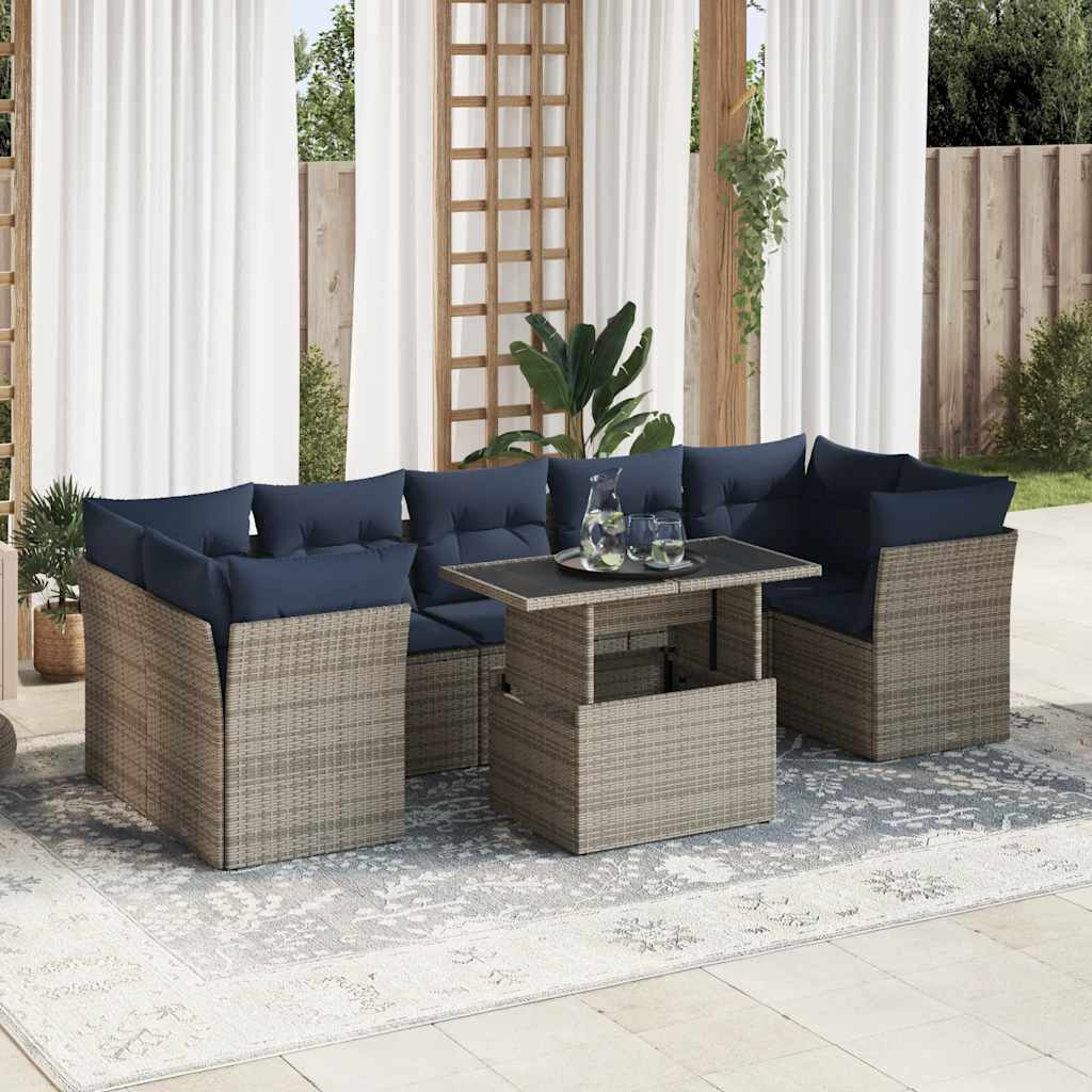 8-piece garden sofa set with cushions, grey, poly rattan, acacia