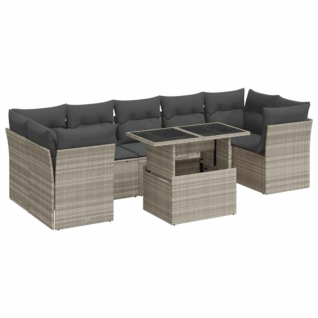 8-piece garden sofa set with cushions, light grey poly rattan