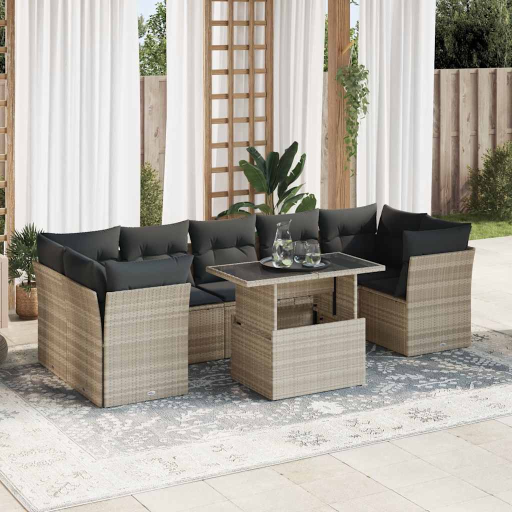 8-piece garden sofa set with cushions, light grey poly rattan
