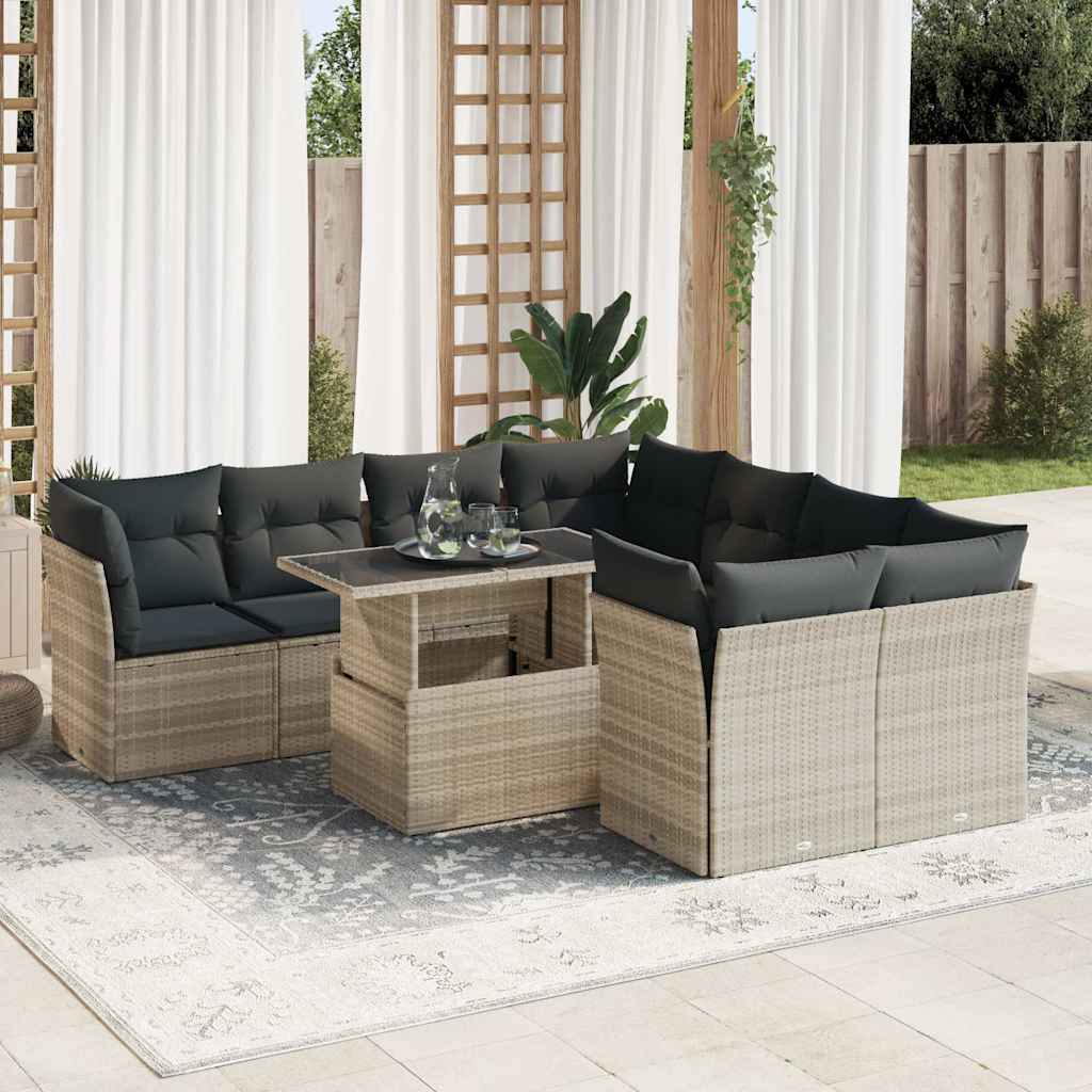 9-piece garden sofa set with cushions, light grey poly rattan