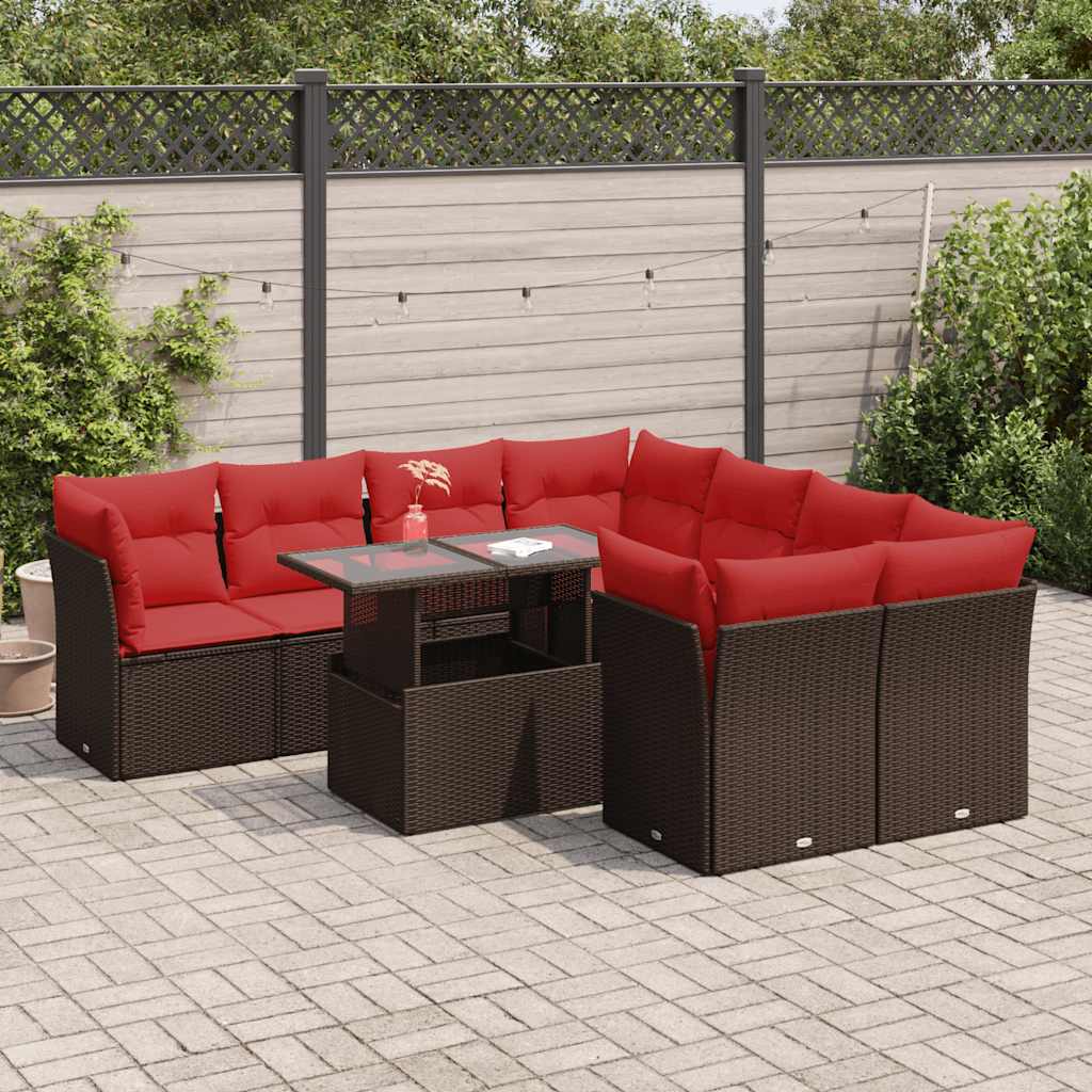9-piece garden sofa set with cushions, brown, poly rattan, acacia