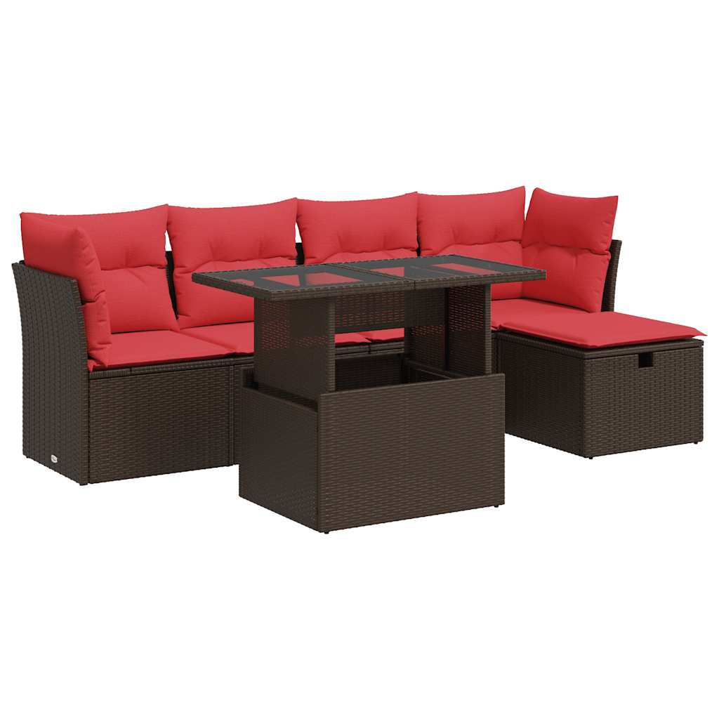 6-piece garden sofa set with cushions, brown, poly rattan, acacia
