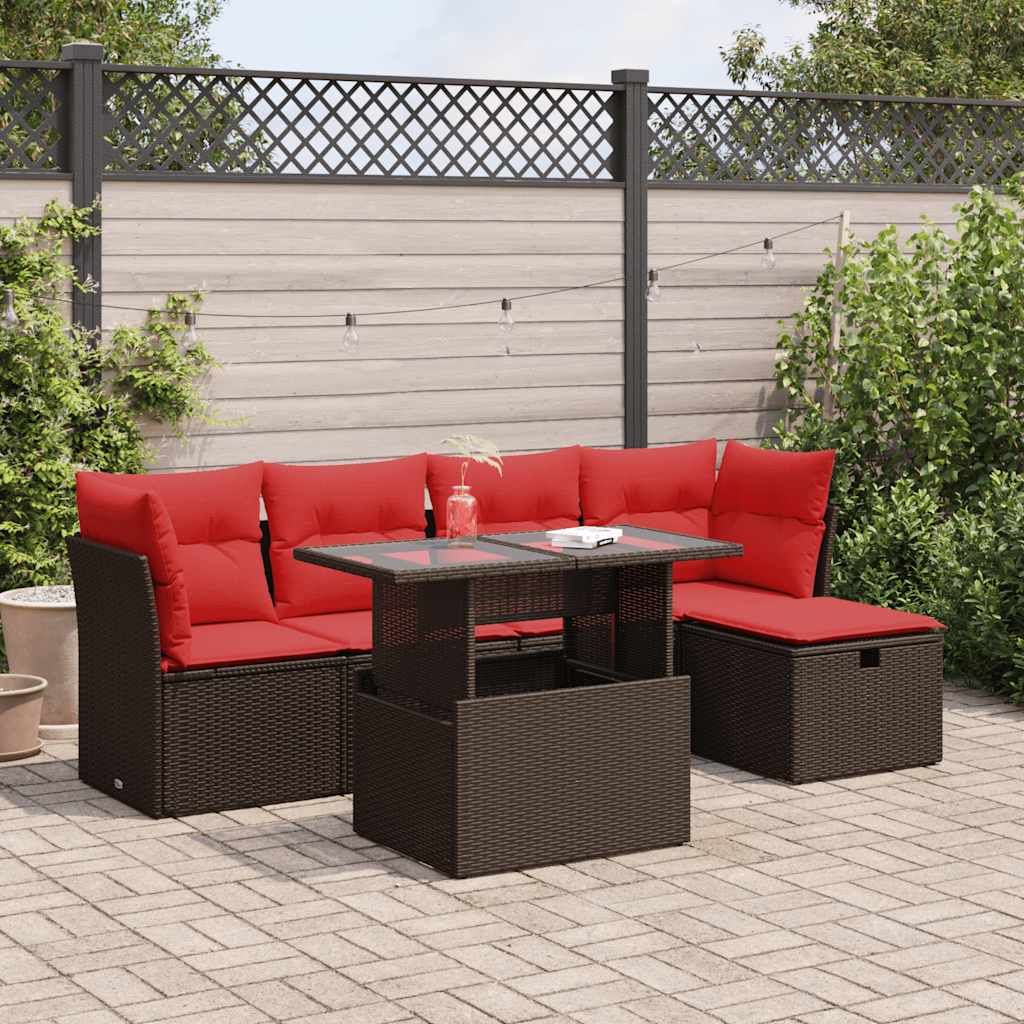 6-piece garden sofa set with cushions, brown, poly rattan, acacia