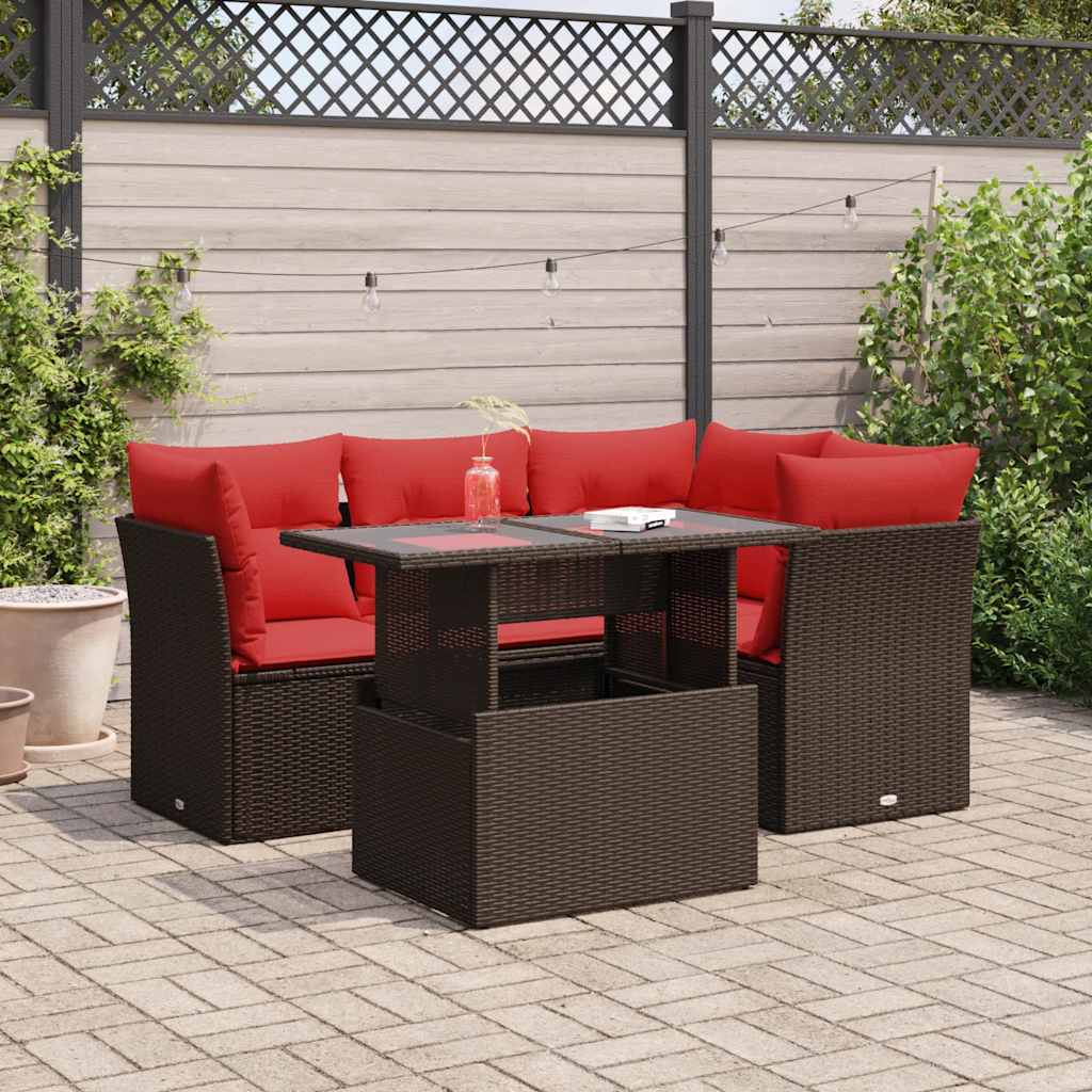 5-piece garden sofa set with cushions, brown, poly rattan, acacia