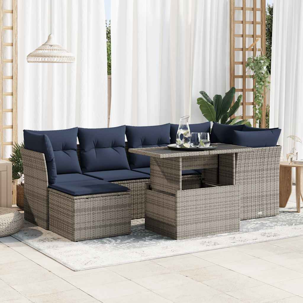 7-piece garden sofa set with cushions, grey, poly rattan, acacia