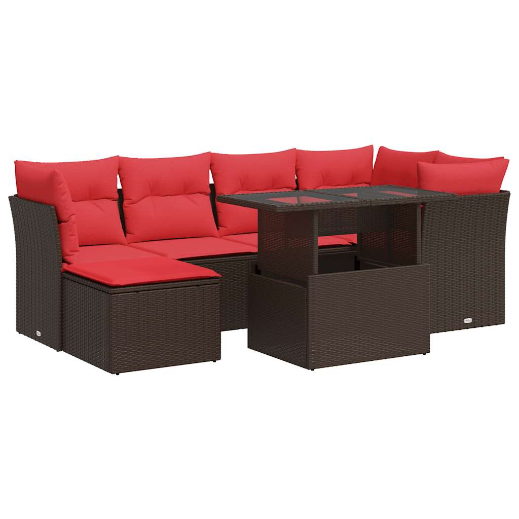 7-piece garden sofa set with cushions, brown, poly rattan, acacia