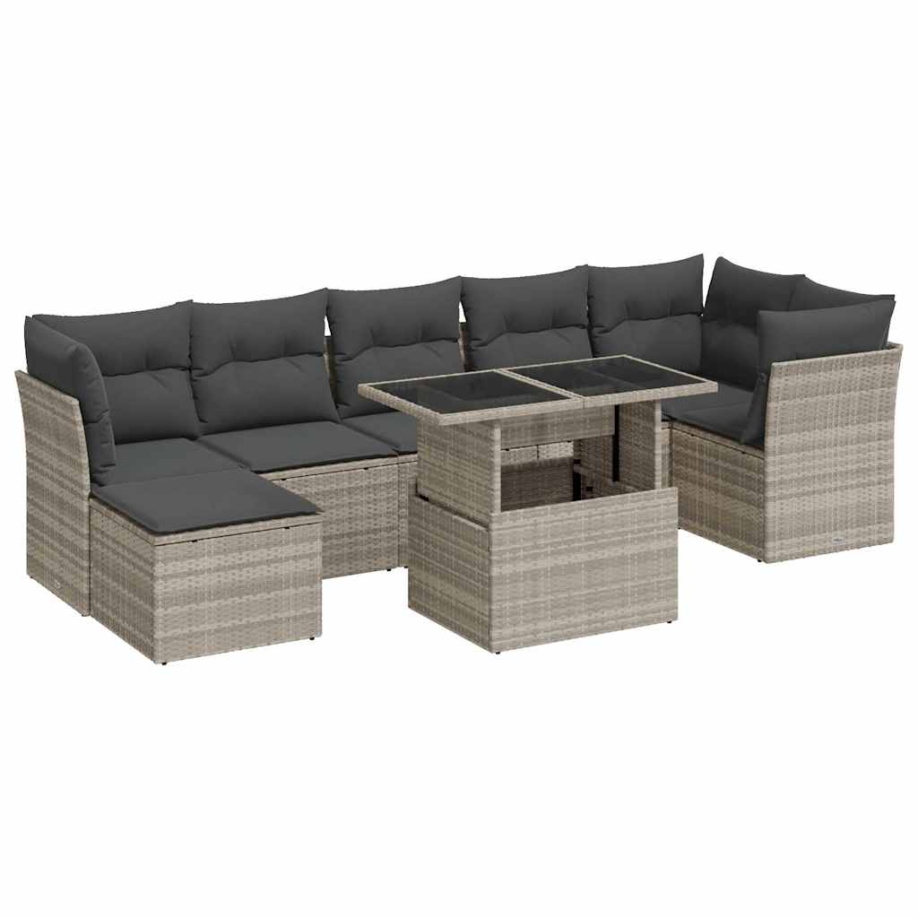 8-piece garden sofa set with cushions, light grey poly rattan