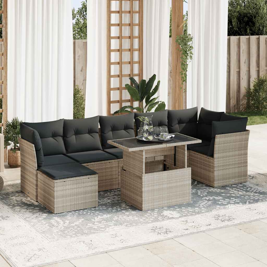 8-piece garden sofa set with cushions, light grey poly rattan