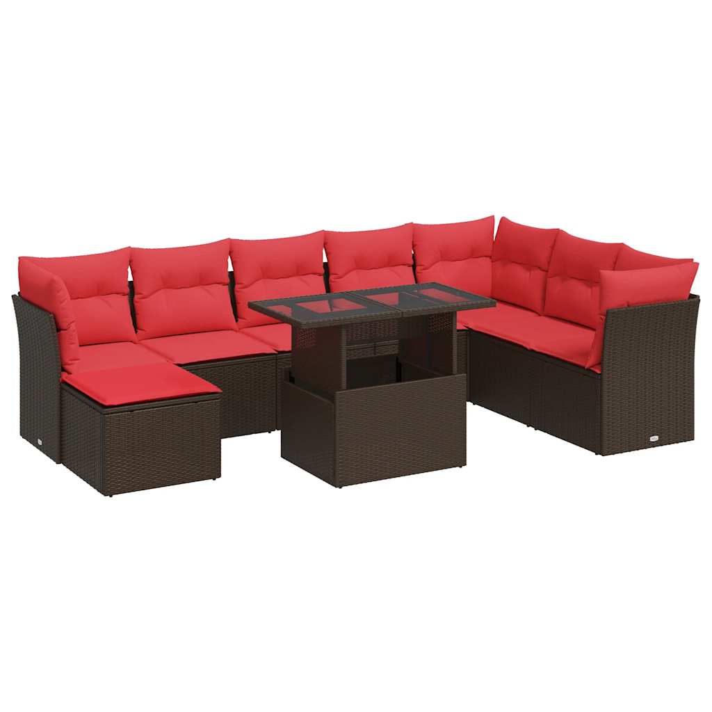 9-piece garden sofa set with cushions, brown, poly rattan, acacia