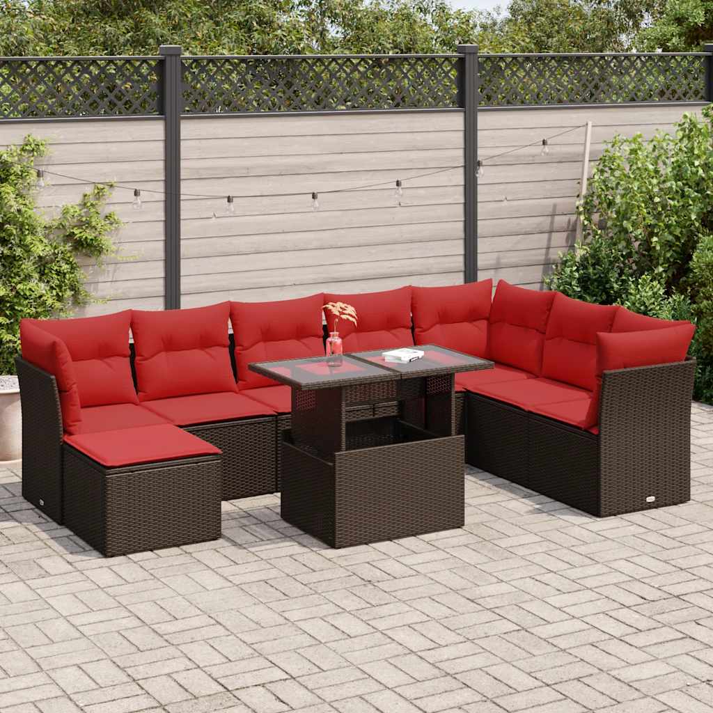 9-piece garden sofa set with cushions, brown, poly rattan, acacia