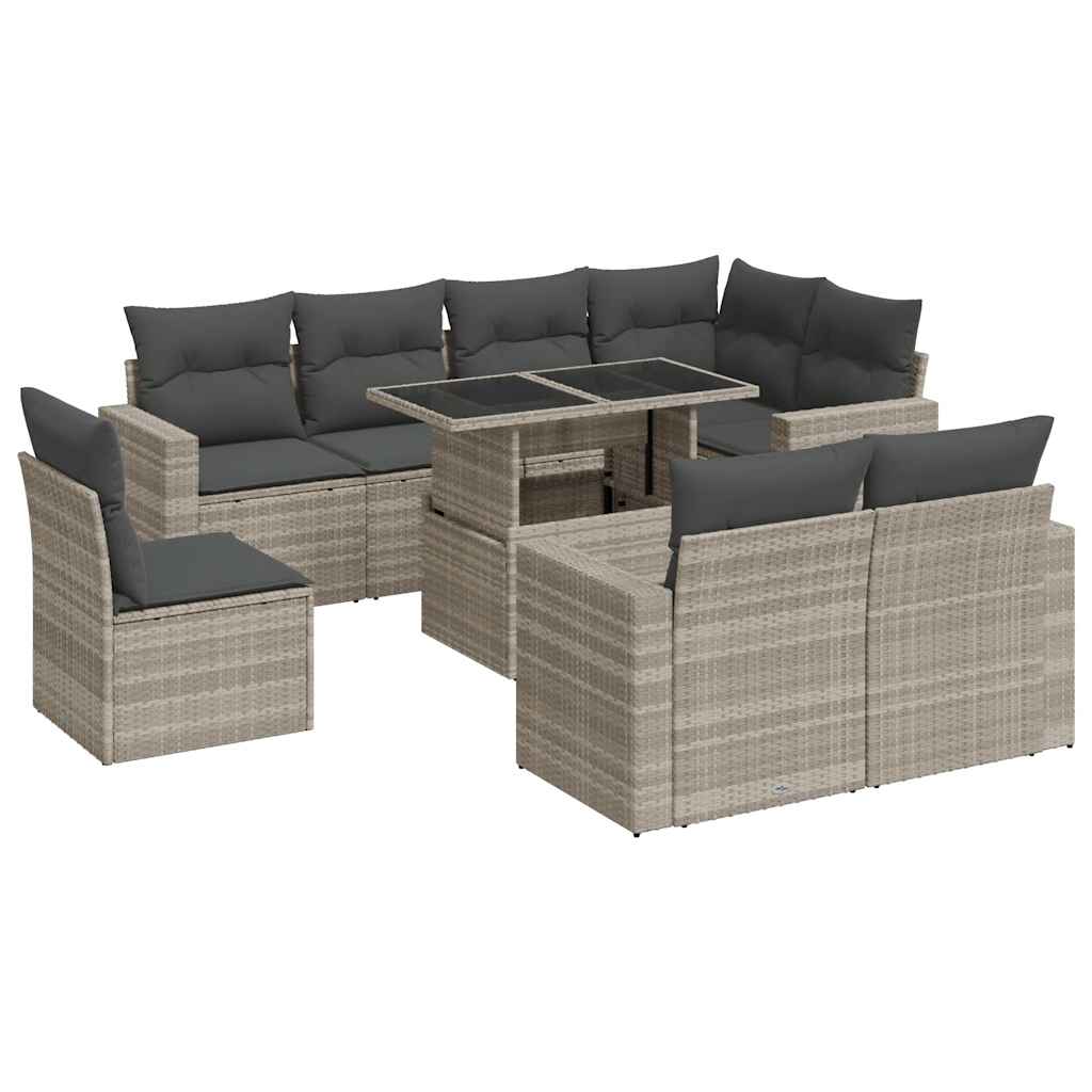 9-piece garden sofa set with cushions, light grey poly rattan