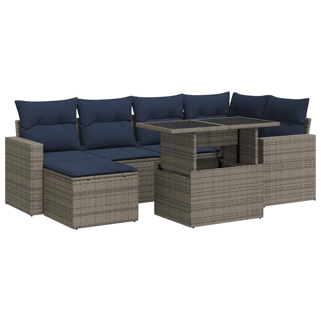 7-piece garden sofa set with cushions, grey, poly rattan, acacia