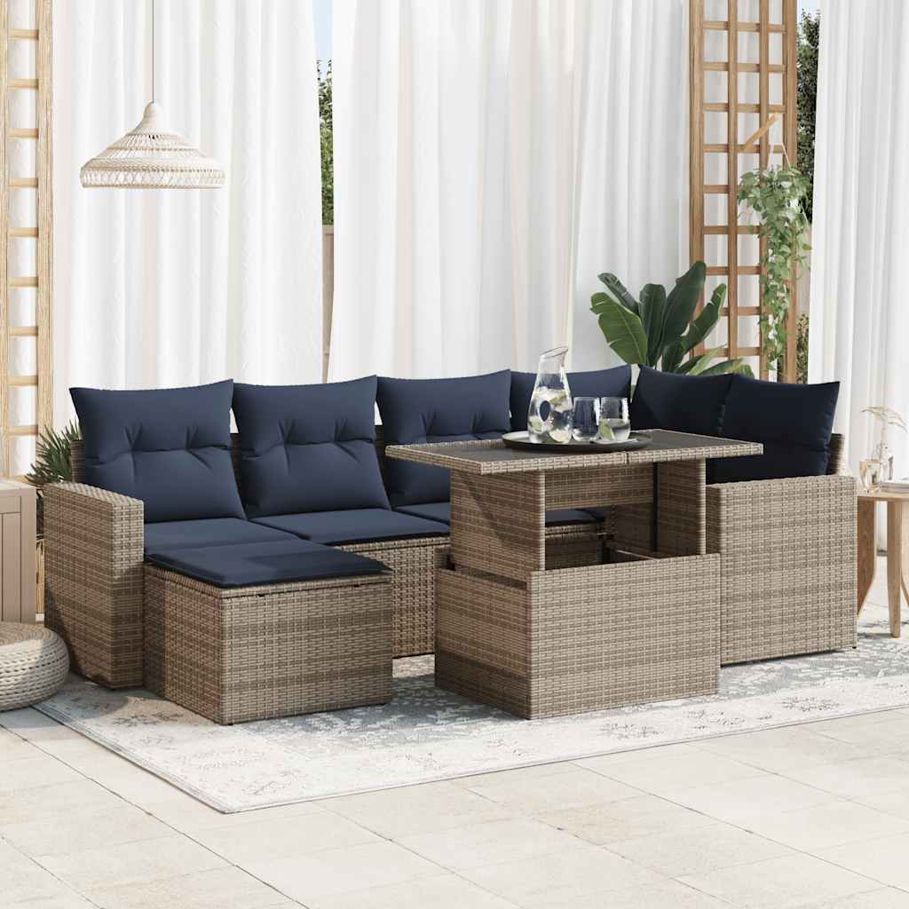 7-piece garden sofa set with cushions, grey, poly rattan, acacia
