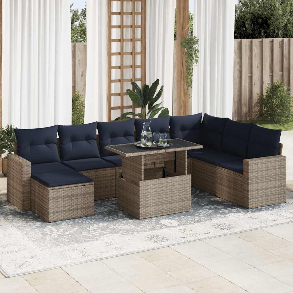 9-tlg. Garten-Sofagarnitur mit Kissen Grau Poly Rattan Akazie