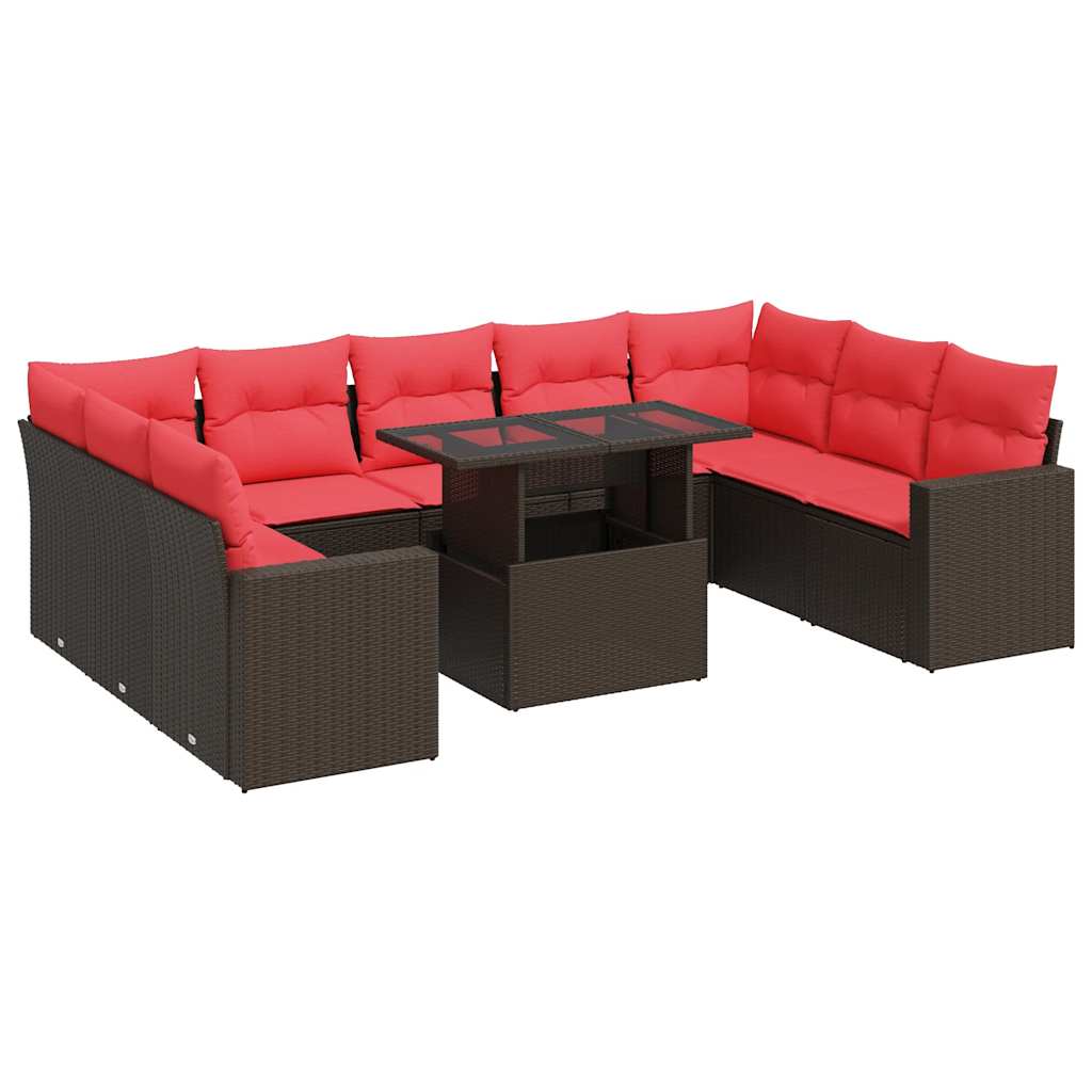 10-piece garden sofa set with cushions, brown, poly rattan, acacia