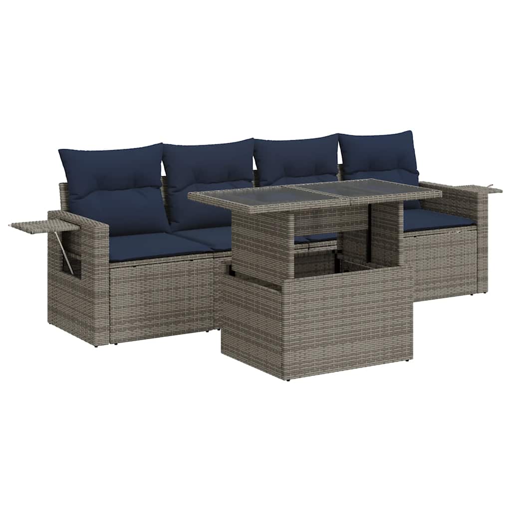 5-piece garden sofa set with cushions black poly rattan acacia
