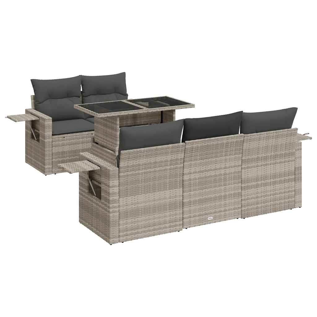 6-piece garden sofa set with cushions, light grey poly rattan