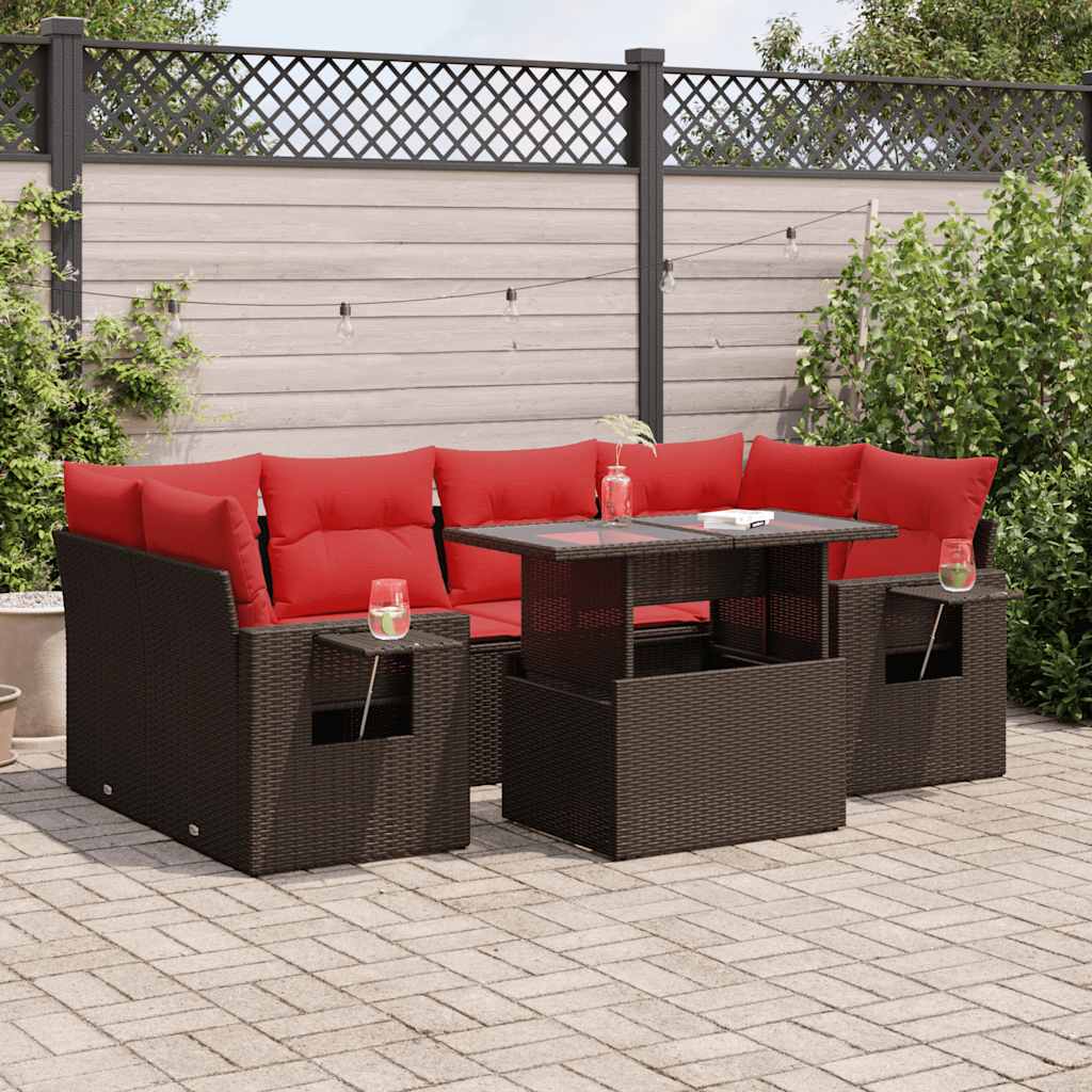 7-tlg. Garten-Sofagarnitur mit Kissen Braun Poly Rattan Akazie