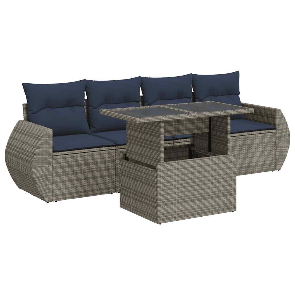 5-tlg. Garten-Sofagarnitur mit Kissen Grau Poly Rattan Akazie