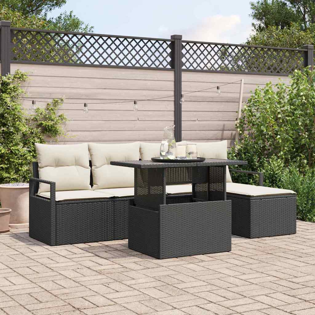 Garten-Sofa-Set mit Kissen 6 pcs Schwarz und Creme