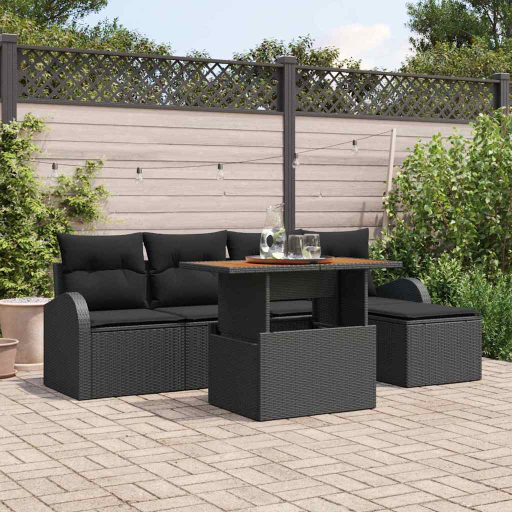 6-piece garden dining set with cushions black poly rattan acacia