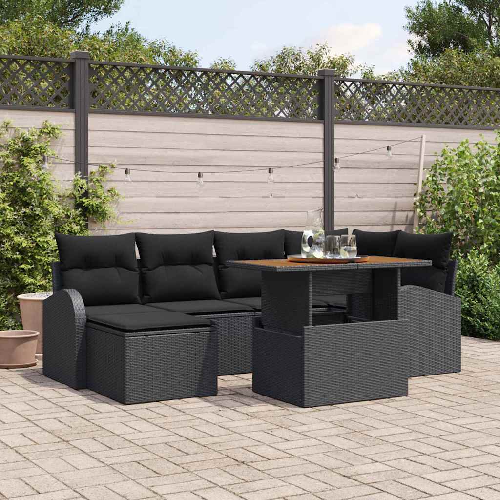 7-piece garden dining set with cushions black poly rattan acacia