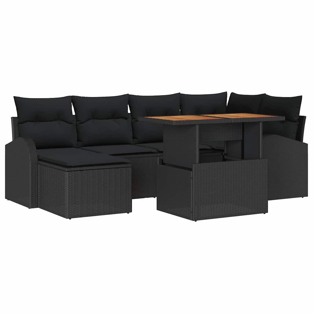 7-piece garden dining set with cushions black poly rattan acacia
