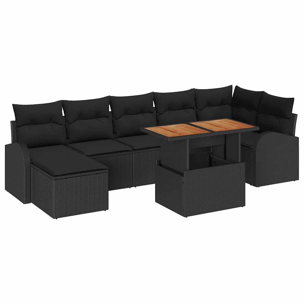 8-piece garden dining set with cushions black poly rattan acacia