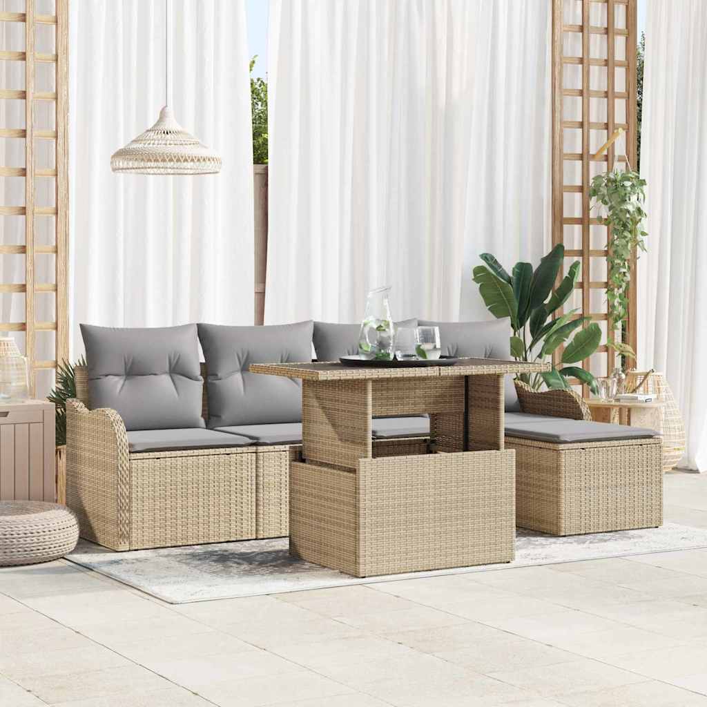 Garten-Sofa-Set mit Kissen mit Speicher 6 pcs Beige Poly Rattan