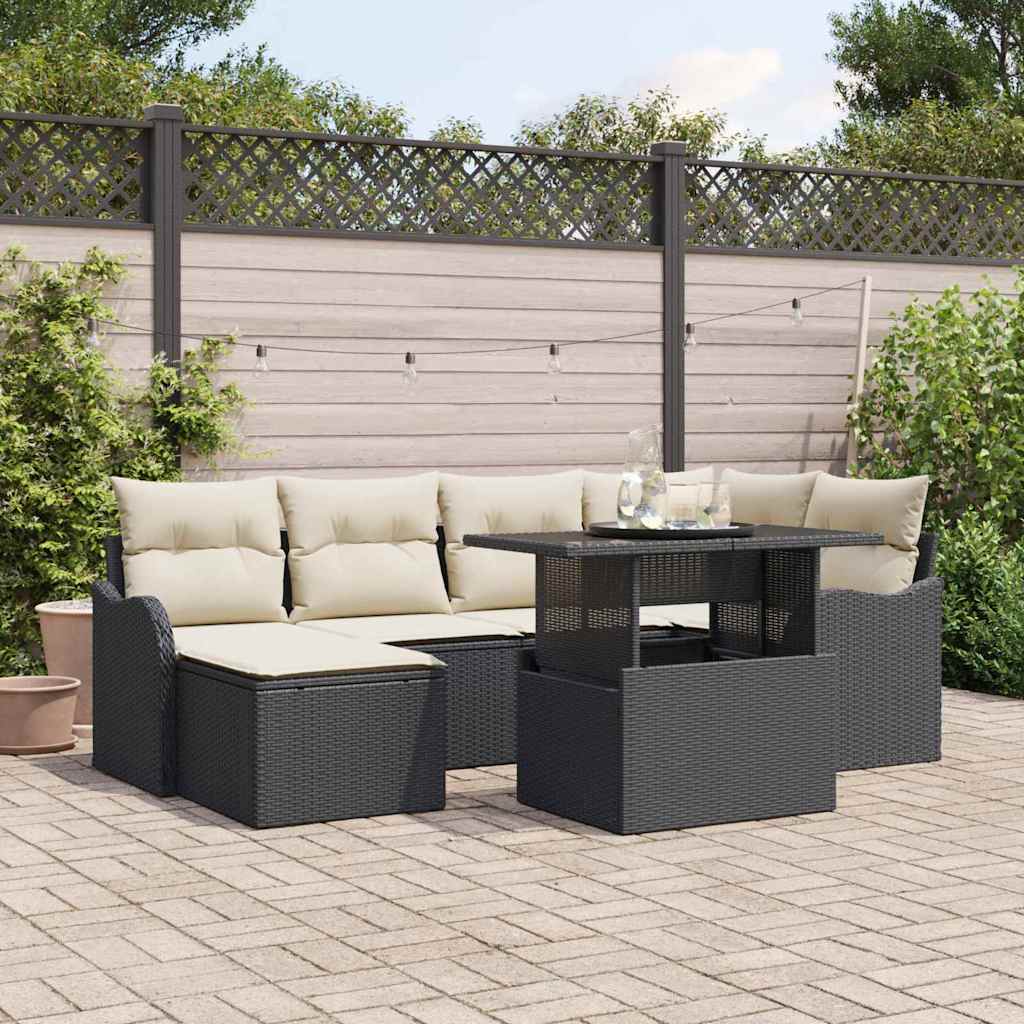 Garten-Sofa-Set mit Kissen 7 pcs Schwarz Poly Rattan