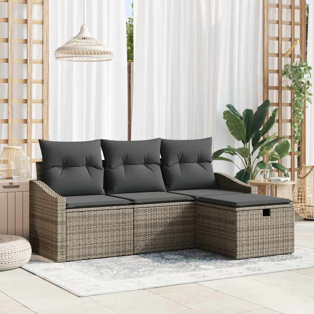 Garten-Sofa-Set mit Kissen 4 pcs Grau Poly Rattan
